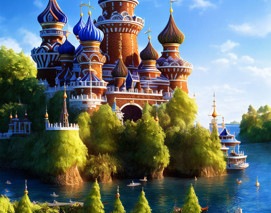 Colorful fantasy castle with onion domes, lush greenery, river, and boats under blue sky