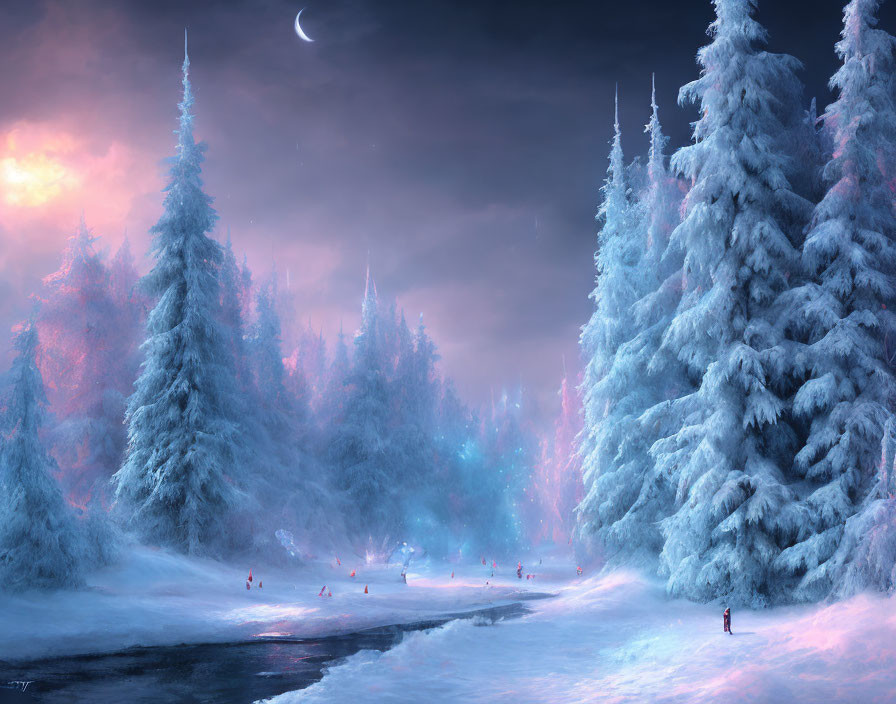 Snowy Twilight Landscape: Crescent Moon, Snow-Covered Trees, Frozen River, Aurora Lights