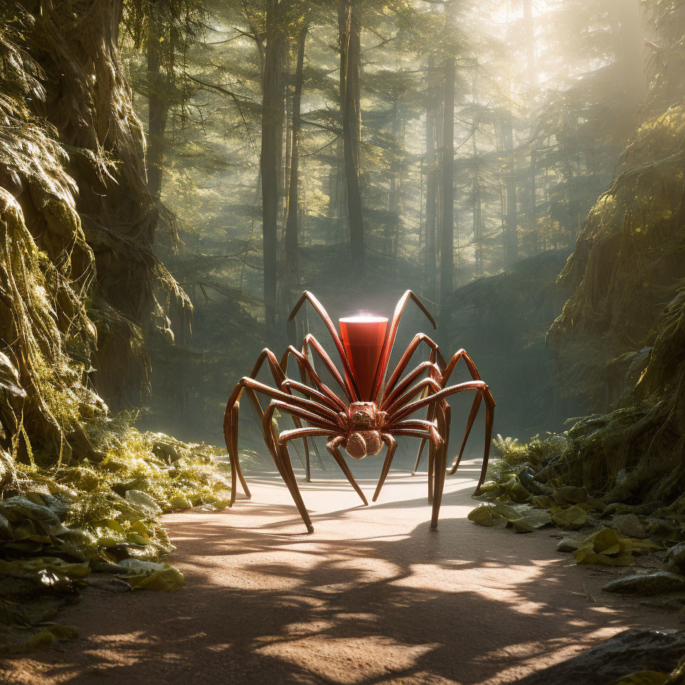 Metallic spider-like structure in sunlit forest path