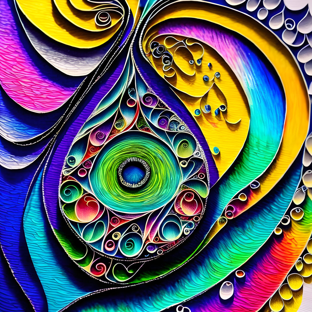 Vibrant paper quilling art with intricate spirals in blues, purples, yellows