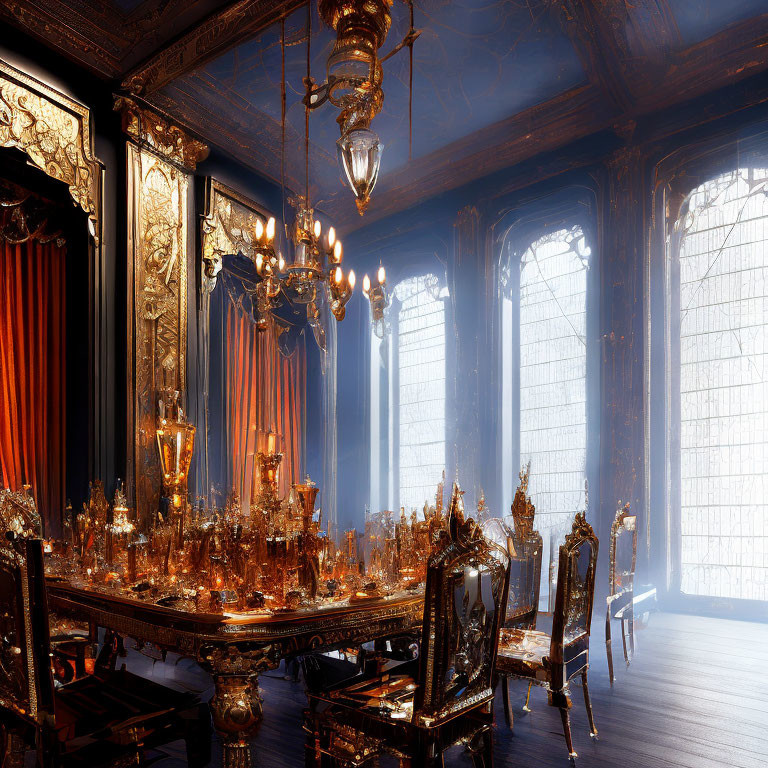 Luxurious Dining Room with Golden Dinnerware and Ornate Decor