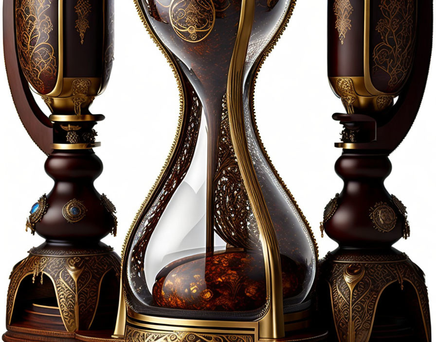 Intricate gold and jewel embellished hourglass on white background