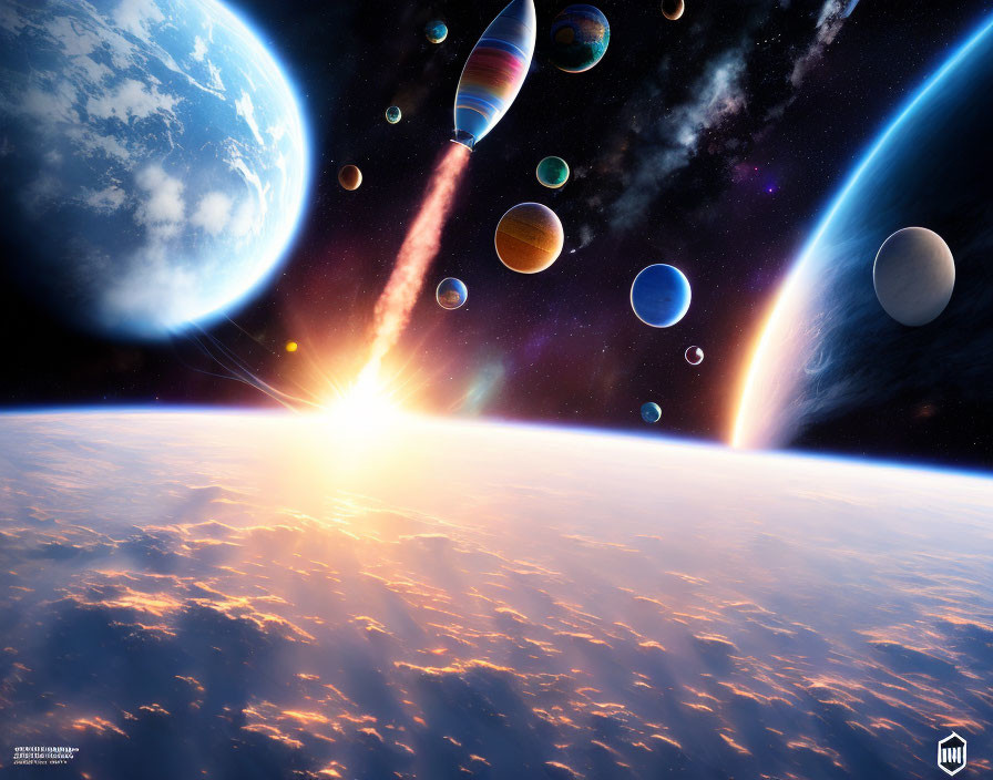 Colorful Outer Space Scene: Planets, Spaceship, Sunburst, Earth-like Planet
