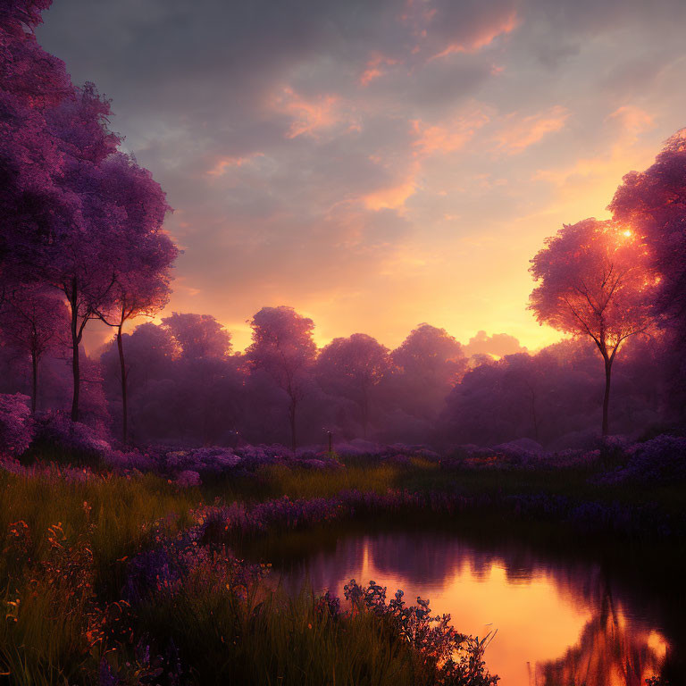 Tranquil violet trees reflecting on serene pond at sunset