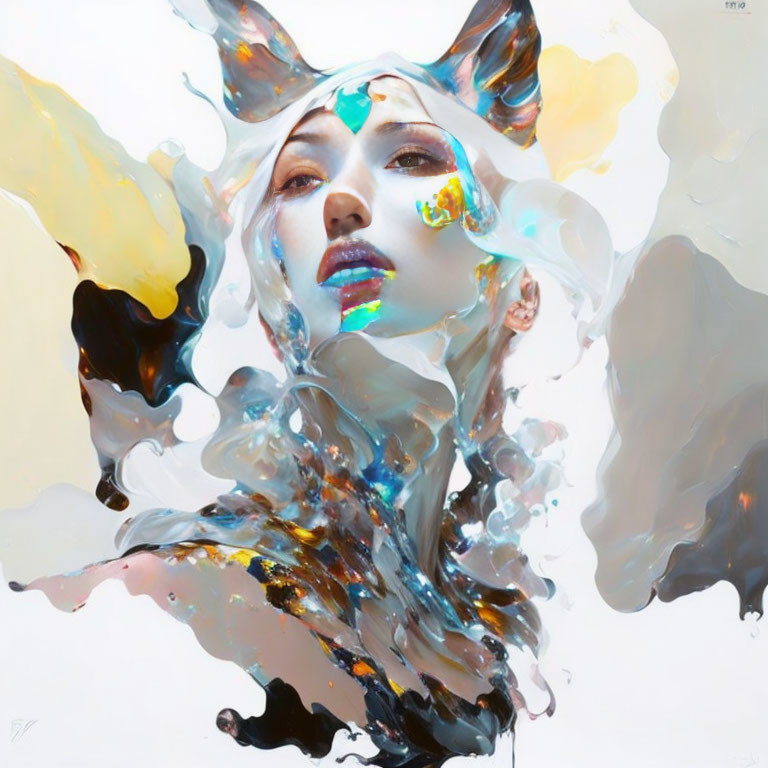Vibrant surreal portrait with flowing paint-like forms.