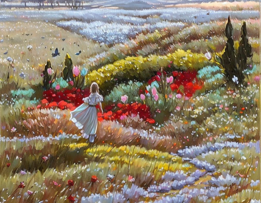 Girl in white dress strolling vibrant meadow with flowers and butterflies