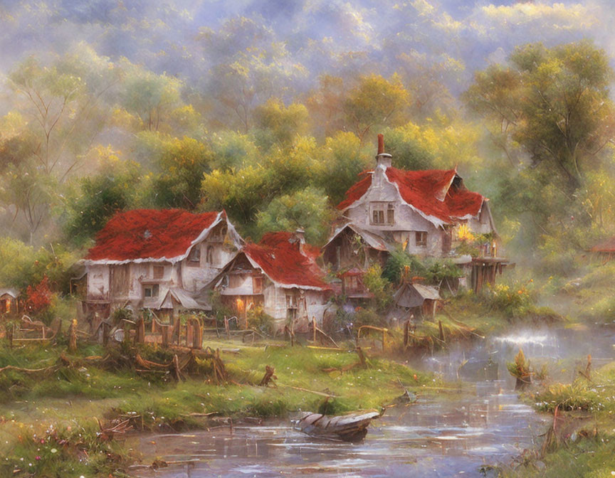 Tranquil countryside river scene with cozy thatched-roof cottages