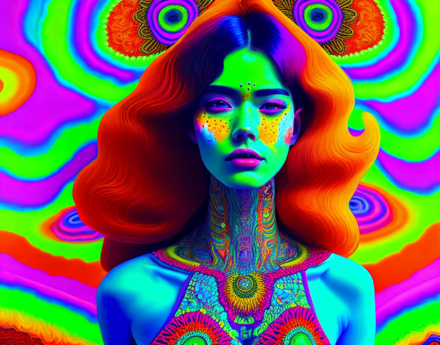 Colorful Digital Artwork: Woman with Red Hair & Psychedelic Patterns