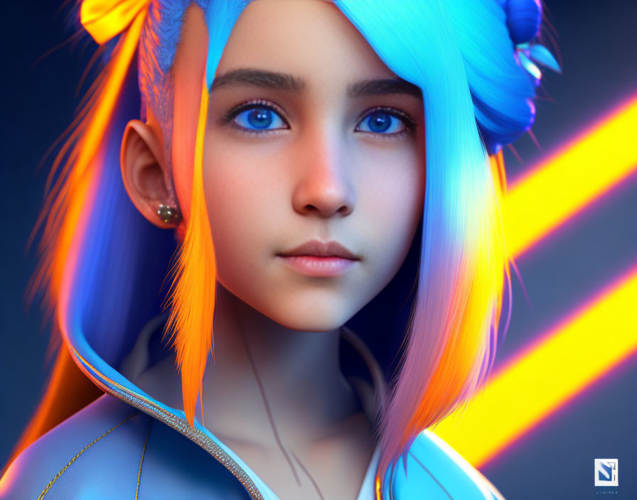 Vibrant digital artwork: girl with blue eyes and colorful hair