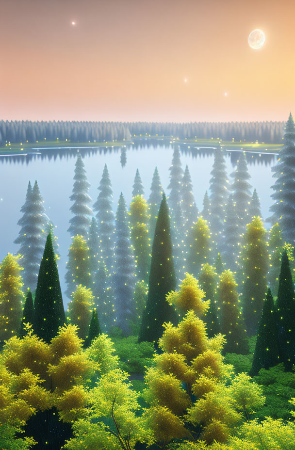 Tranquil forest with glowing lights, calm lake, stars, and distant planet