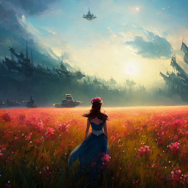Girl in Blue Dress with Flower Crown in Vibrant Flower Field Facing City with Floating Ships under Golden Sky