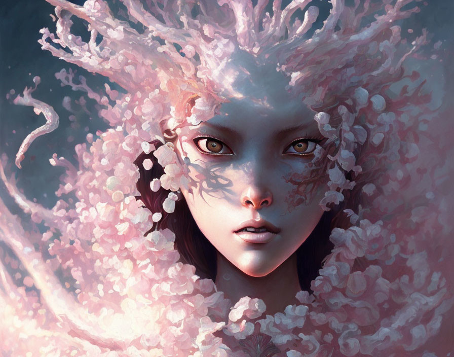Fantasy image of pale-skinned female with dark eyes and pink coral headdress