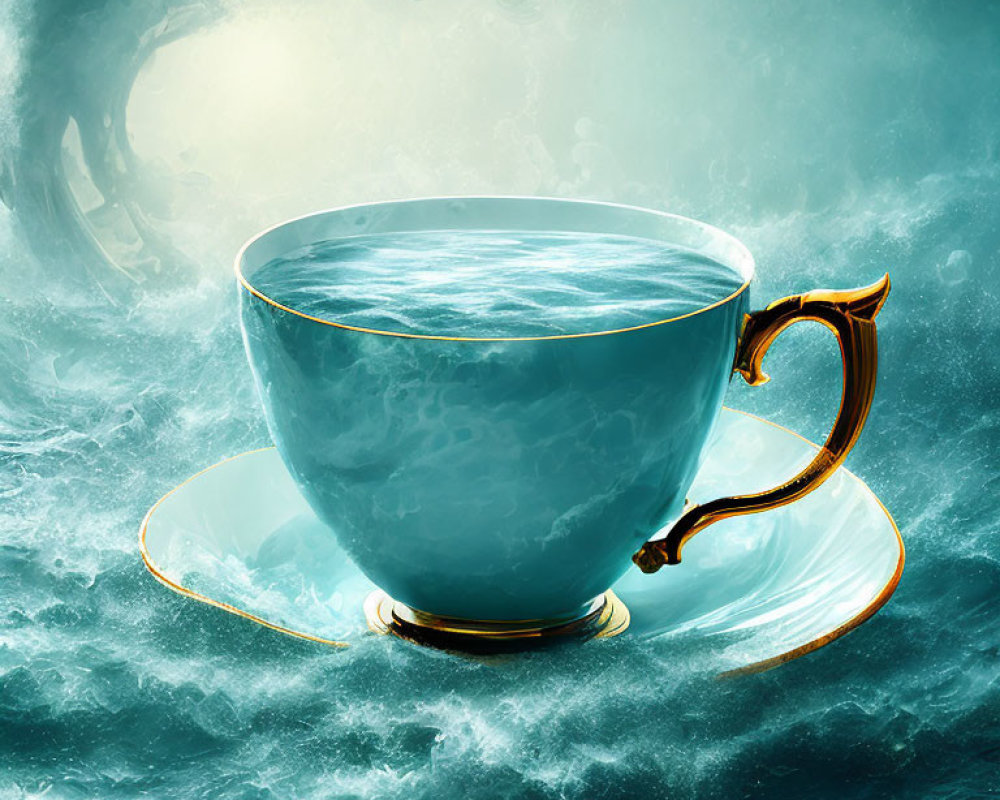 Giant teacup filled with ocean water on saucer in stormy seas