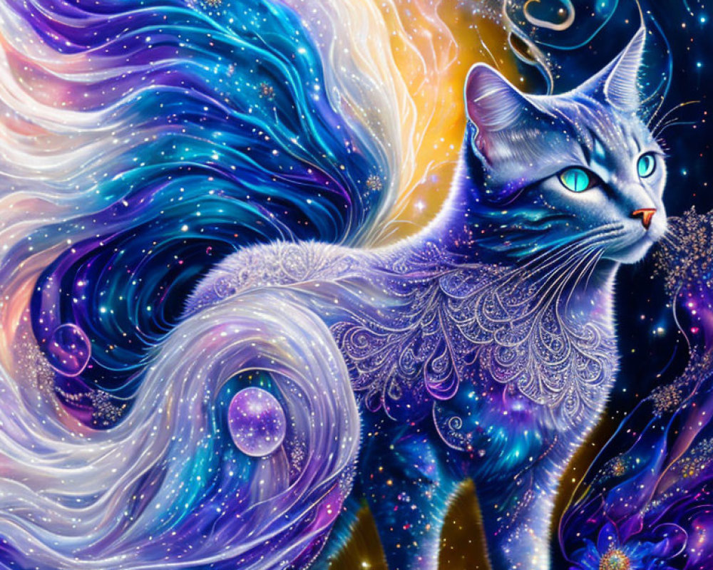 Vivid mystical blue cat with ornate fur patterns in cosmic setting