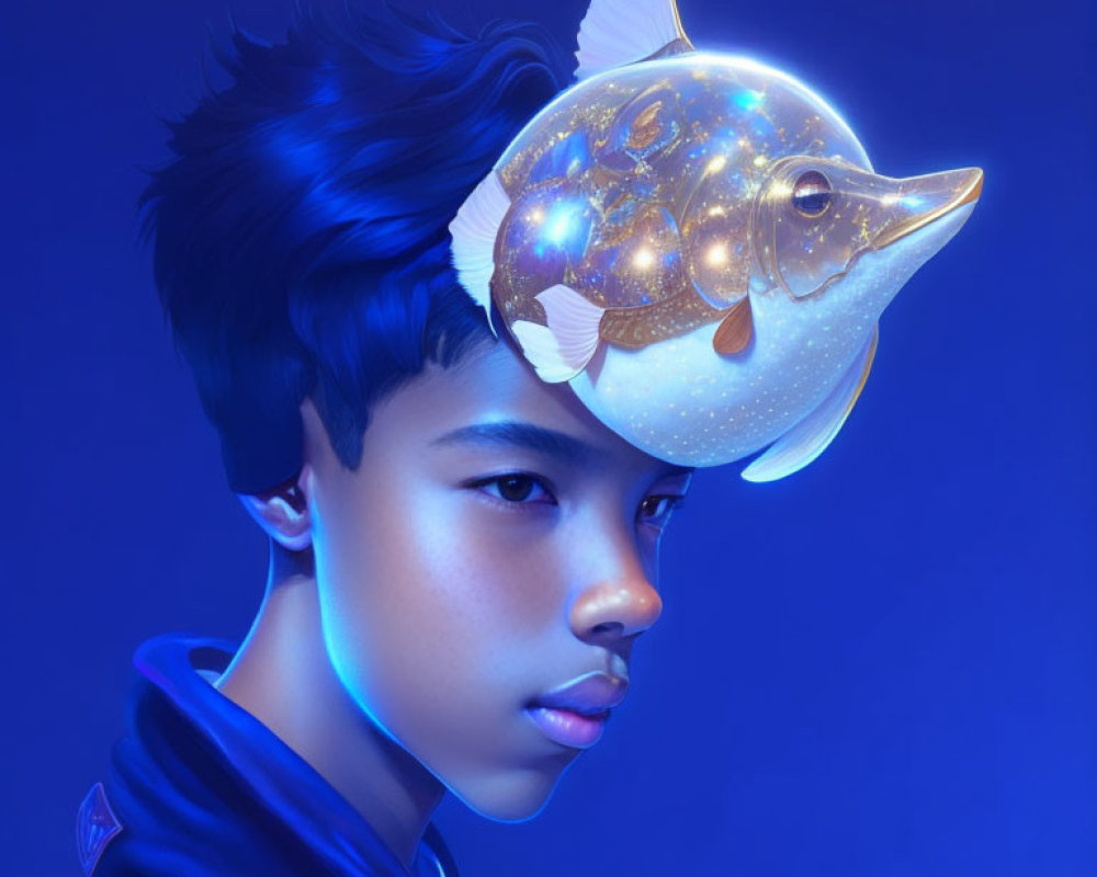 Digital art: Young person in futuristic fish helmet on deep blue background
