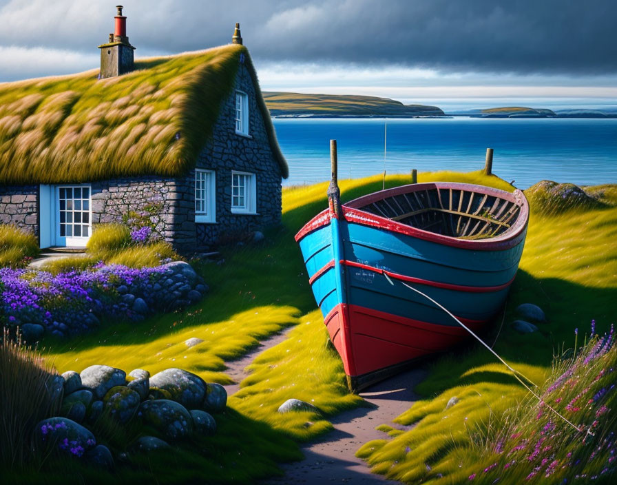 Colorful Seaside Scene with Thatched Cottage and Boat on Grass