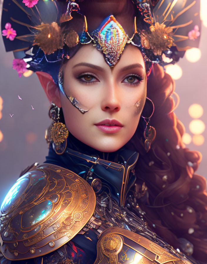 Elaborate fantasy armor and headdress with glowing elements on woman