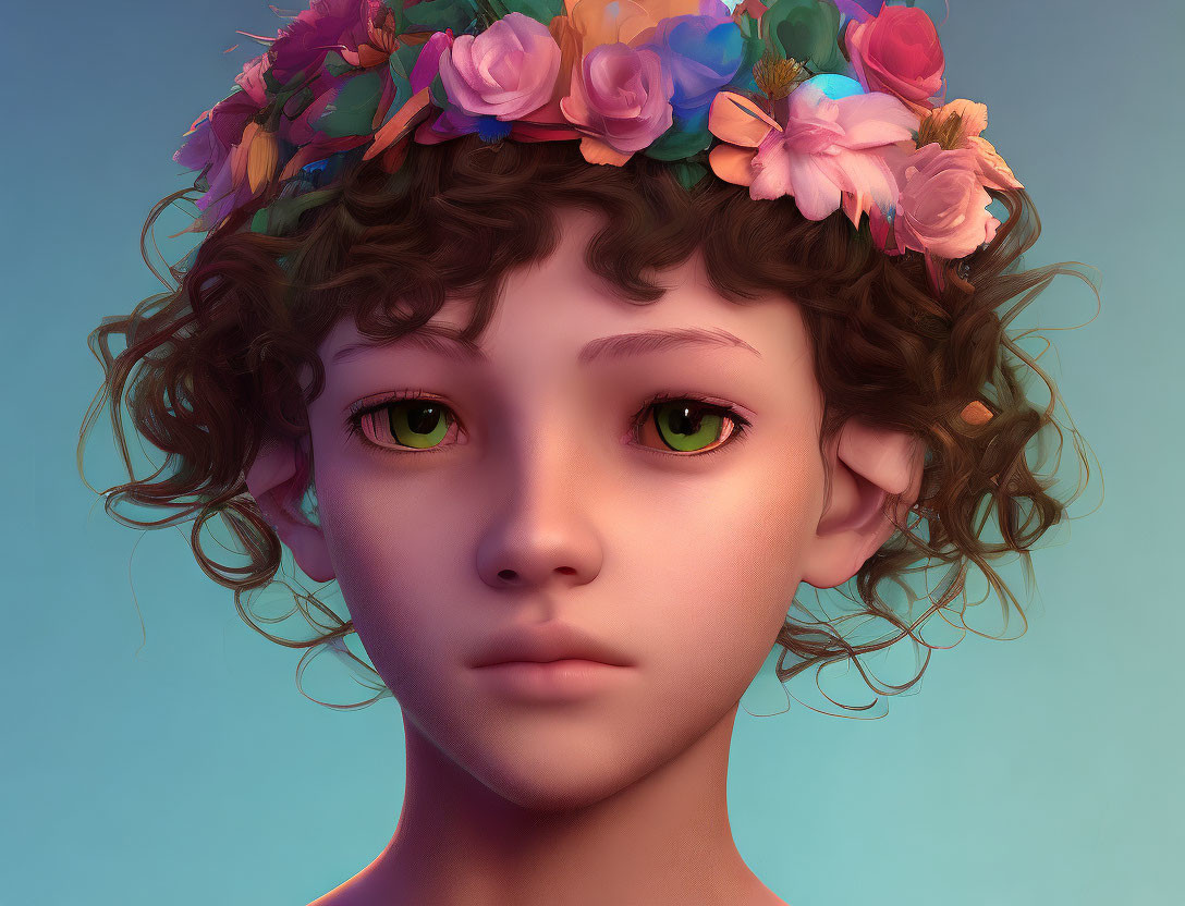 Child's digital portrait: green-eyed, curly hair, colorful flower crown, blue background