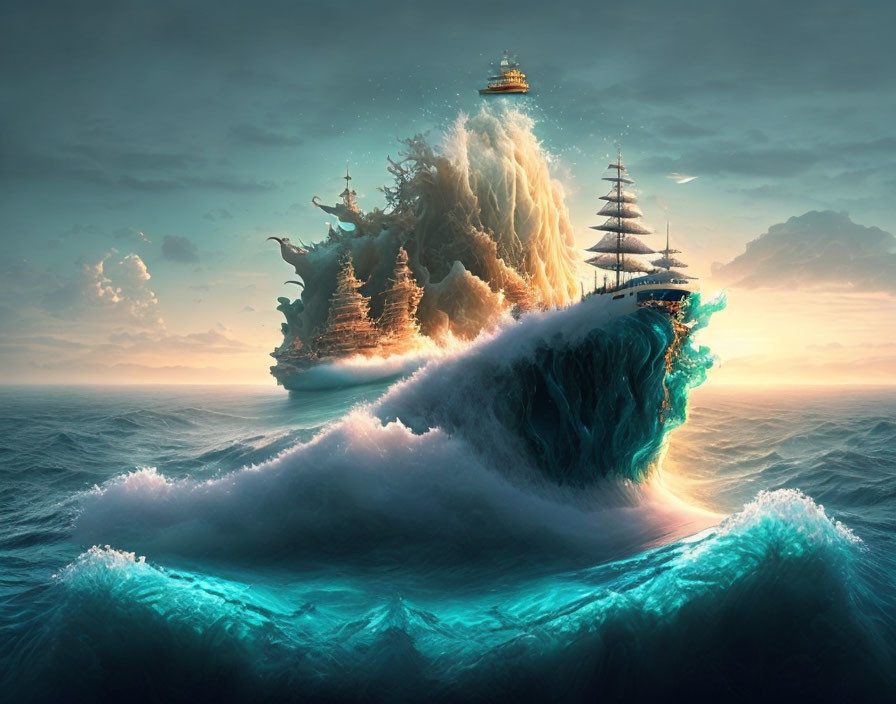 Fantastical ship with ornate structures on towering wave beside classic sailboat at sunset