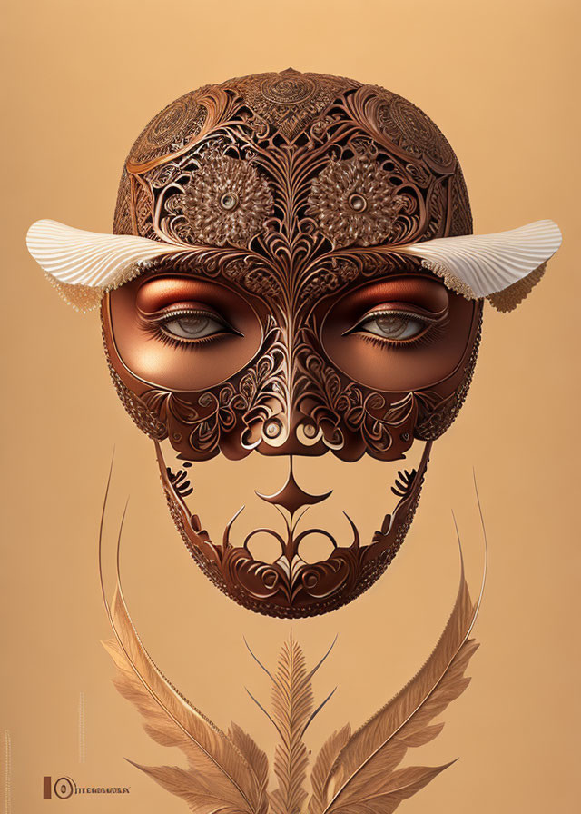 Detailed feathered mask graphic in warm earthy tones