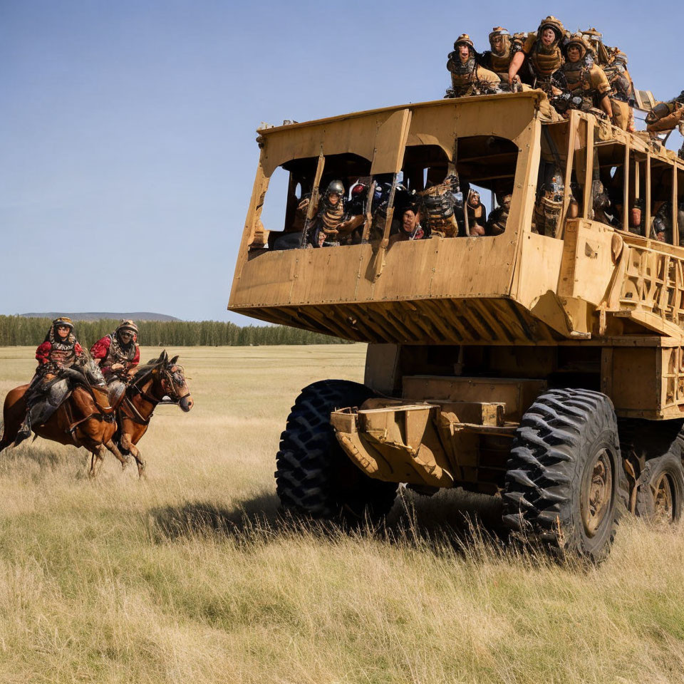 Armed individuals on horseback with off-road vehicle in grassland