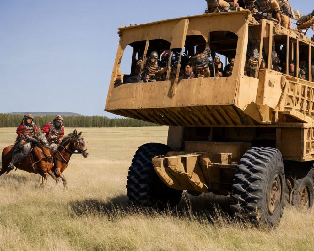 Armed individuals on horseback with off-road vehicle in grassland