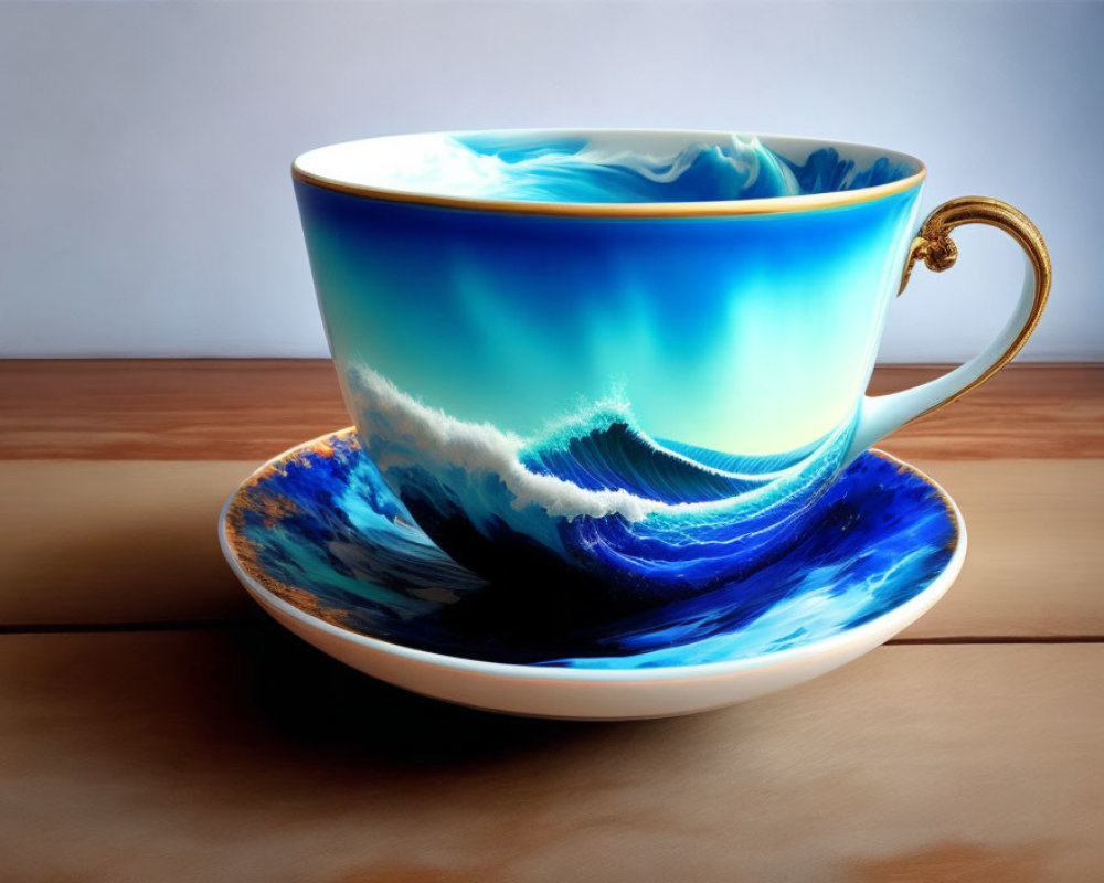 Ocean Wave Design Teacup and Saucer with Gold Accents on Wooden Surface