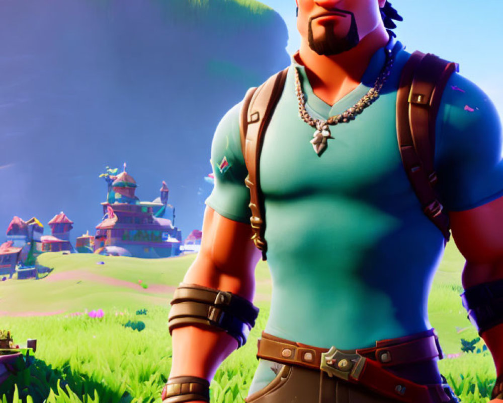 Muscular male character with black hair, headband, and beard in vibrant 3D landscape