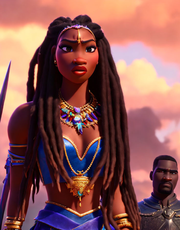 Animated female character with long dreadlocks in warrior attire under sunset sky
