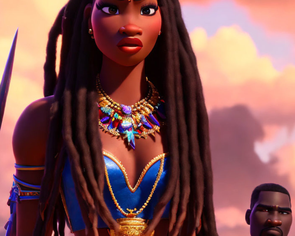 Animated female character with long dreadlocks in warrior attire under sunset sky