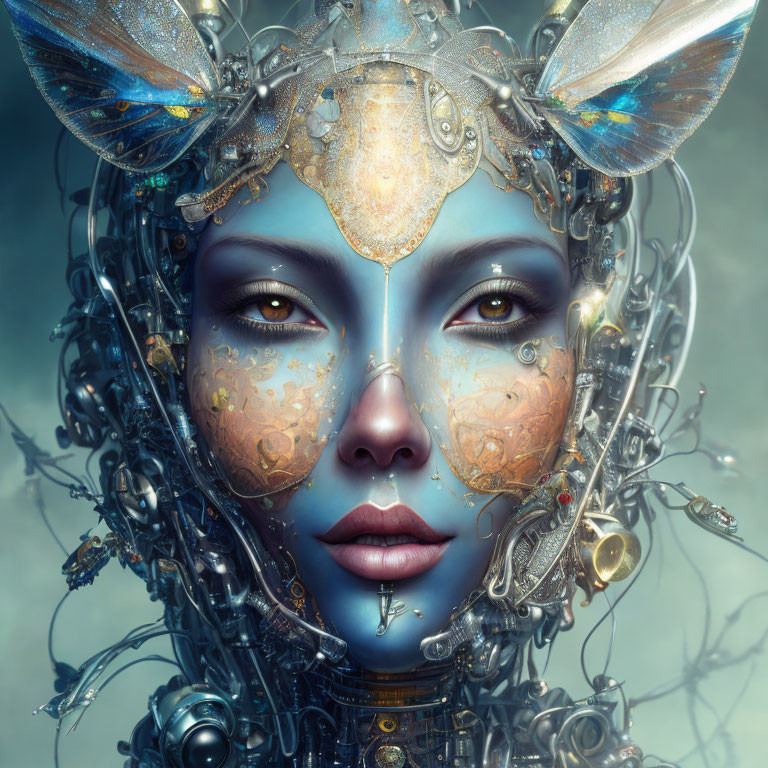 Blue-skinned female figure with fox-like metallic headgear and intricate mechanical details