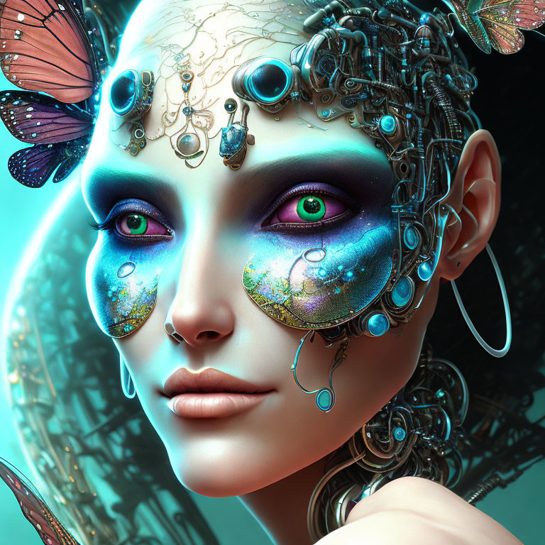 Portrait of female figure with vibrant green eyes and cybernetic enhancements surrounded by butterflies