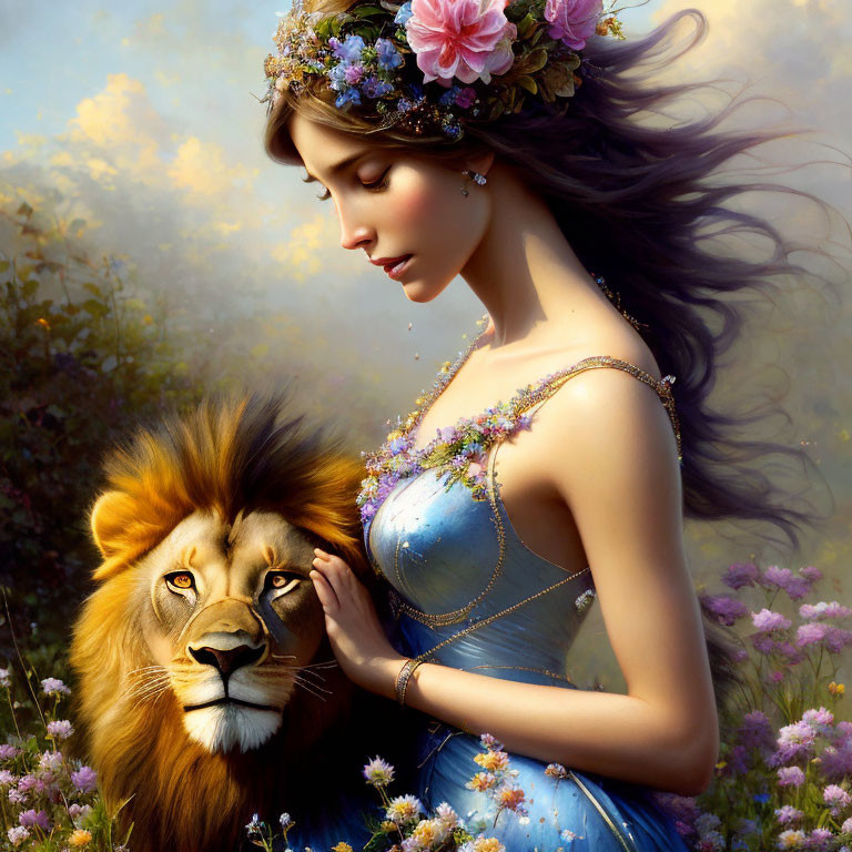Woman in Blue Dress Embracing Lion in Blooming Field