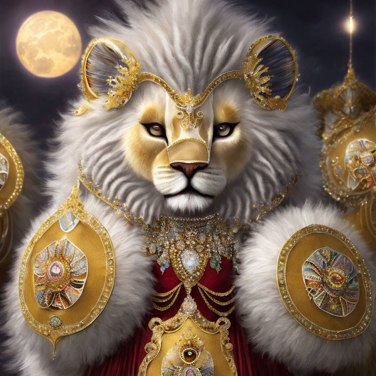 Majestic lion with golden ornaments under moonlit sky