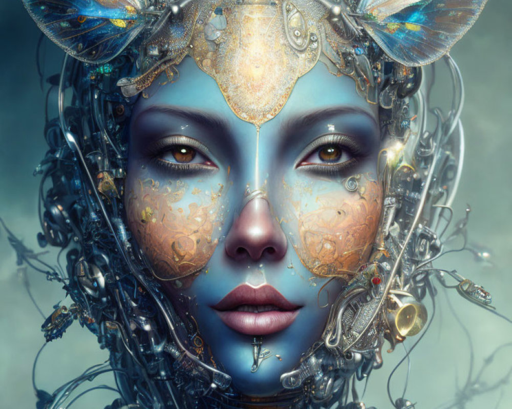 Blue-skinned female figure with fox-like metallic headgear and intricate mechanical details