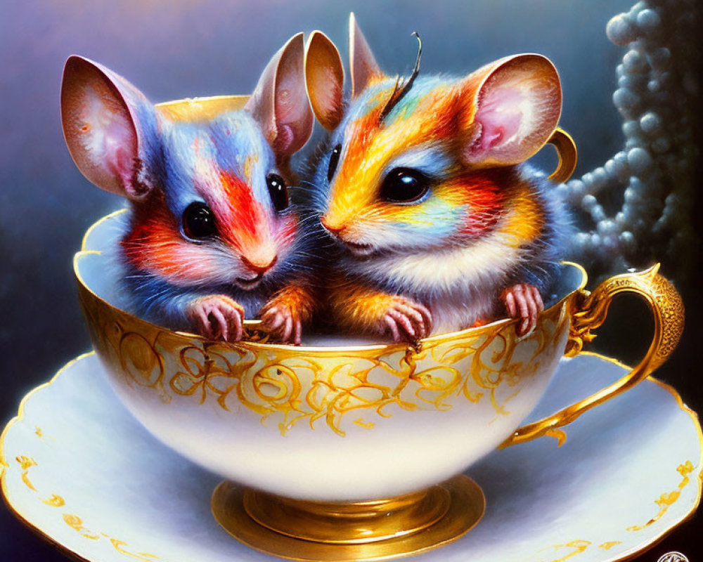 Vividly Colored Anthropomorphic Mice in Ornate Teacup