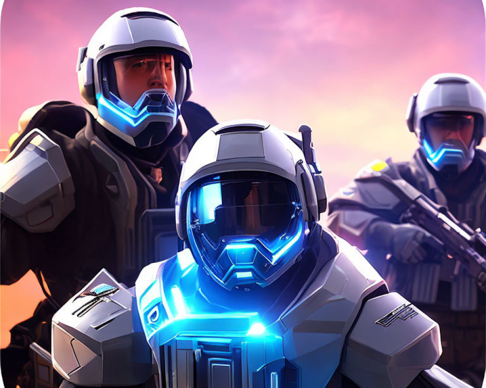 Futuristic soldiers in advanced armor with glowing blue visor