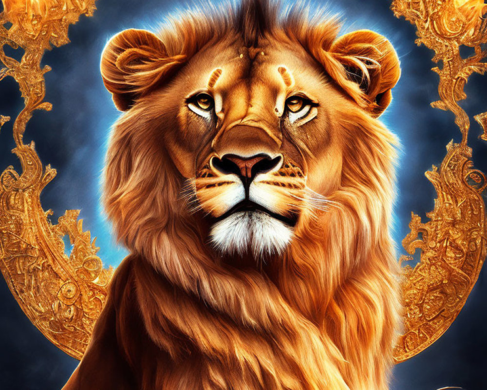 Majestic lion with fiery mane and golden patterns on dark blue background