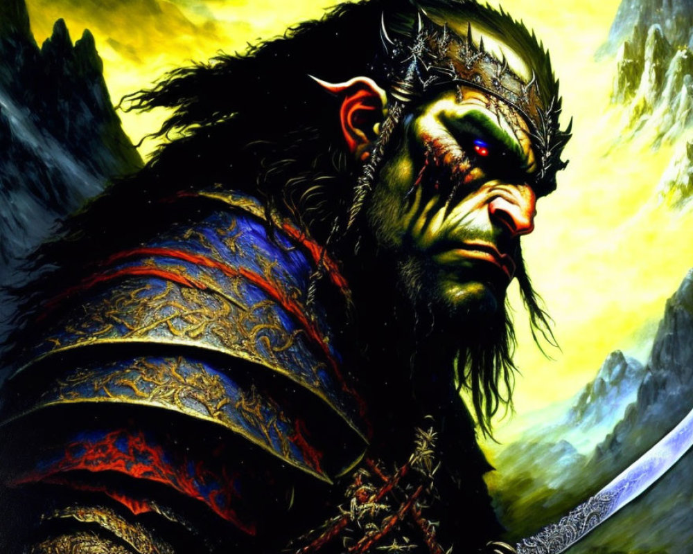 Fantasy orc warrior with green skin in ornate armor and sword on rocky backdrop