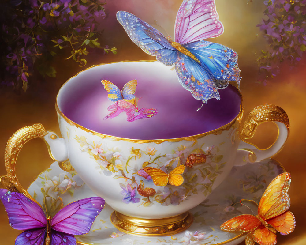 Floral Patterned Porcelain Teacup with Gold Accents and Butterflies