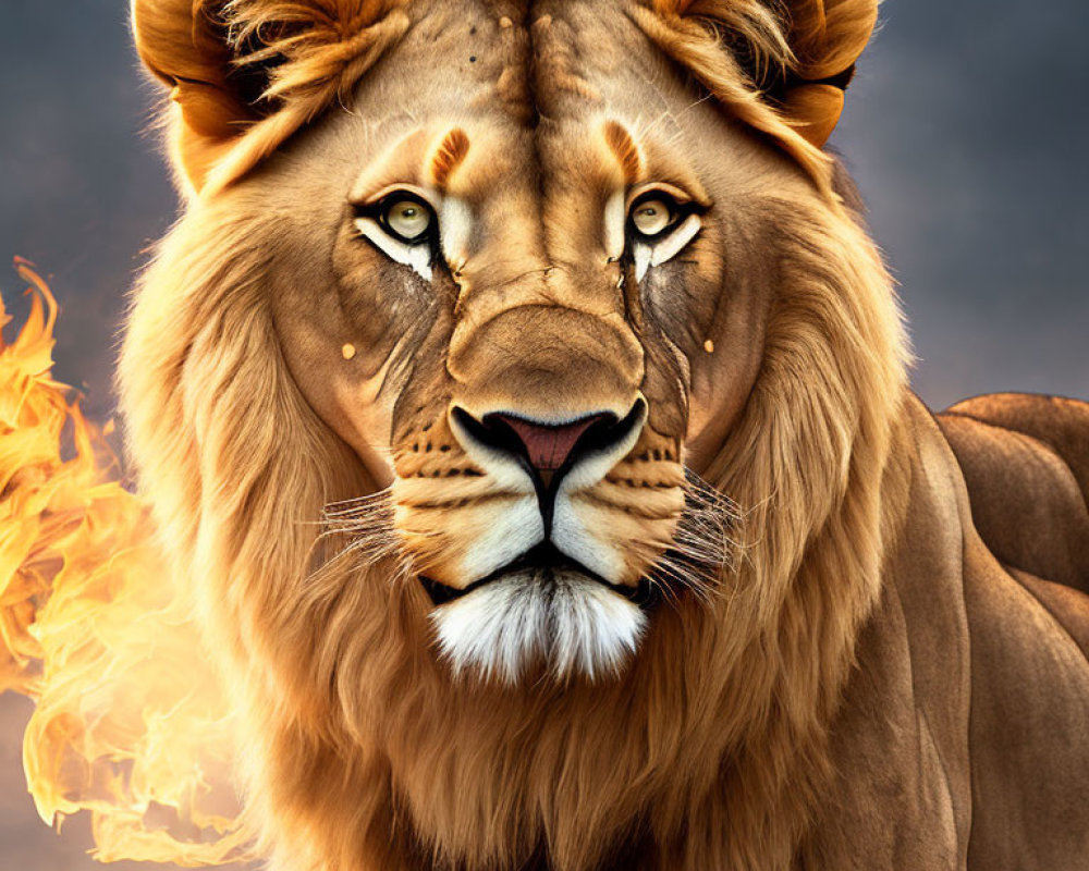 Majestic lion with vivid mane against fiery background.