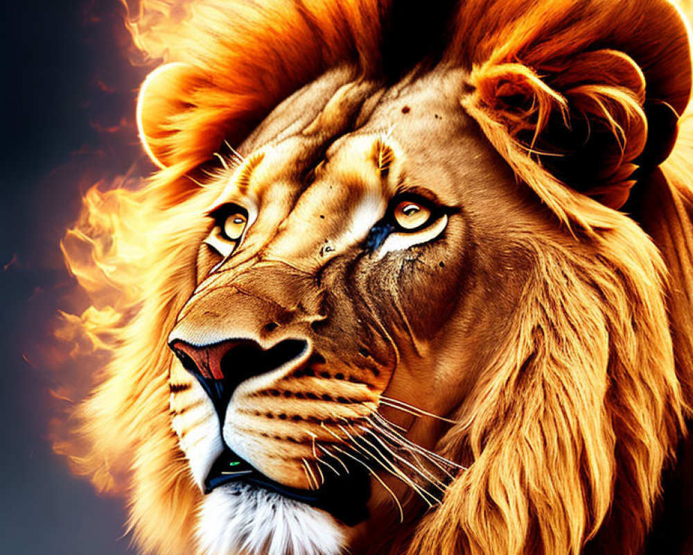 Majestic lion with vivid fiery mane on dark background.