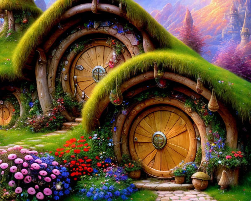 Whimsical illustration of hobbit-like houses nestled under grassy hills