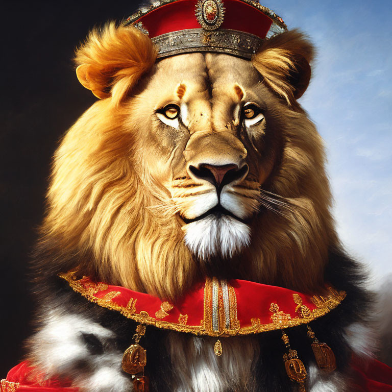 Regal lion wearing red and gold robe and crown symbolizing power