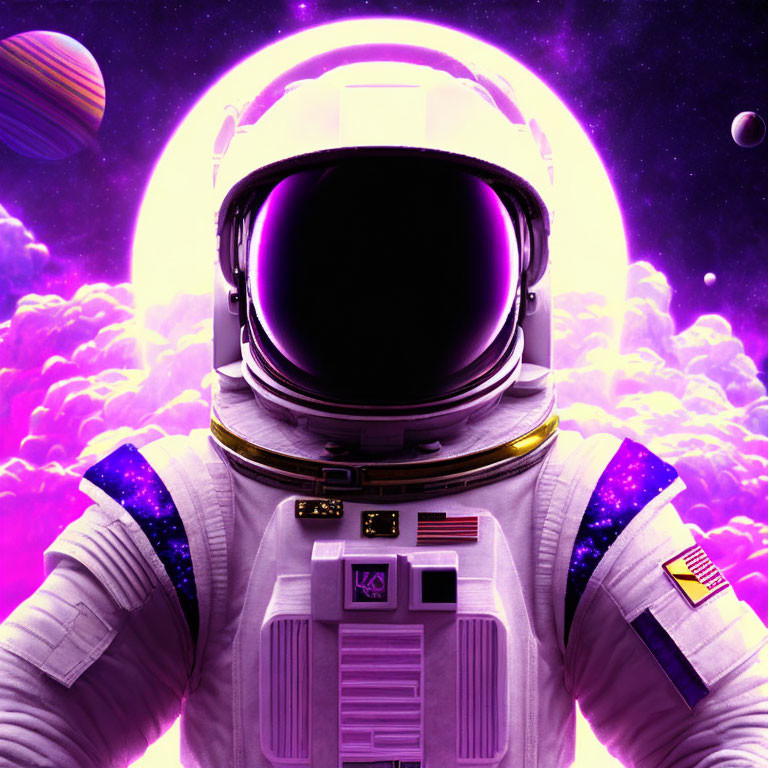 Astronaut in white spacesuit on vibrant purple cosmic backdrop