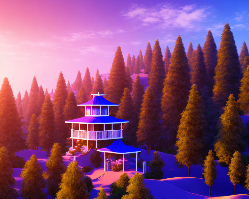 Twilight scene with pagoda-style house and pine trees under purple sky