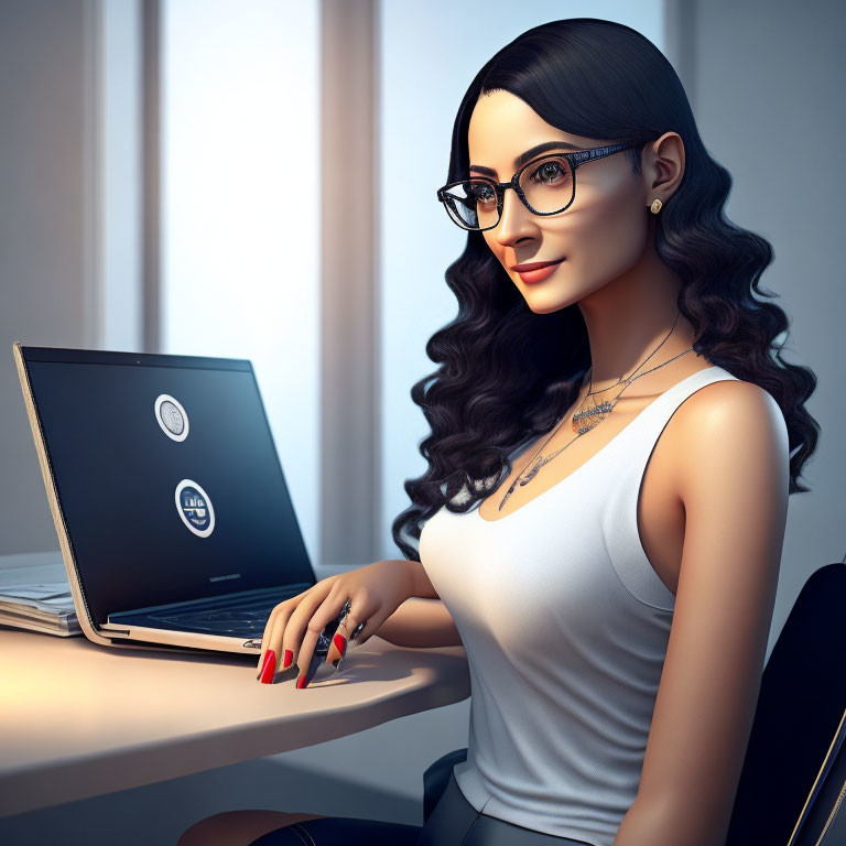 Digital illustration of woman with glasses working on laptop at desk
