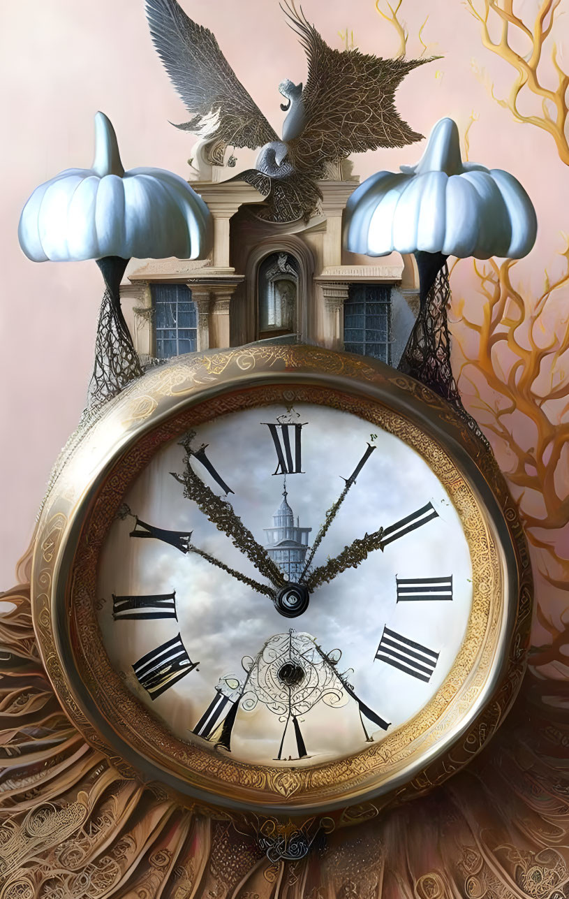 Surreal artwork of large clock, building, and whimsical elements