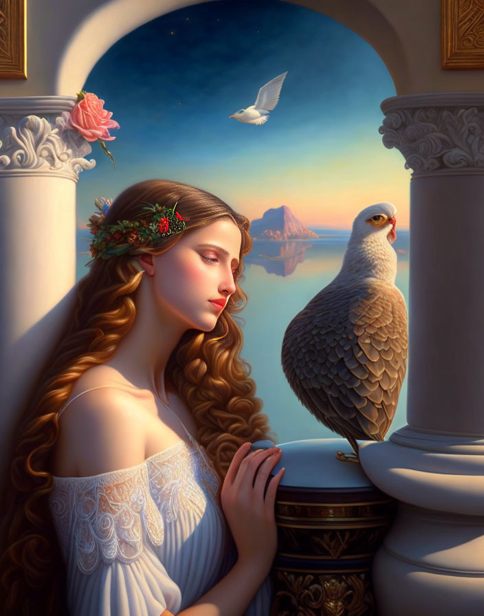 Serene woman with floral crown and falcon by sea at sunset