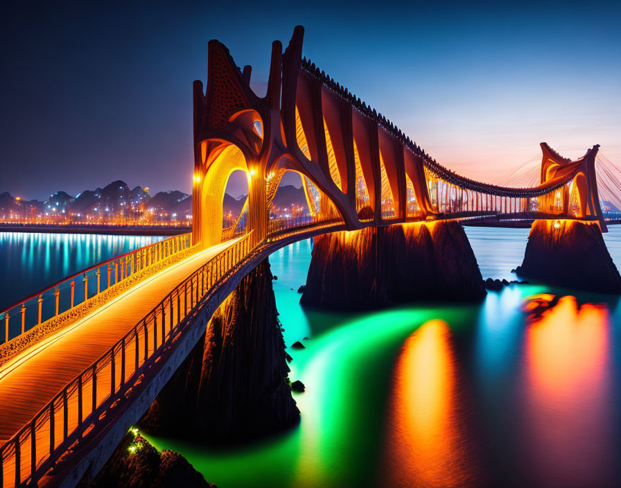 Twilight scene of illuminated dragon-like bridge over calm water